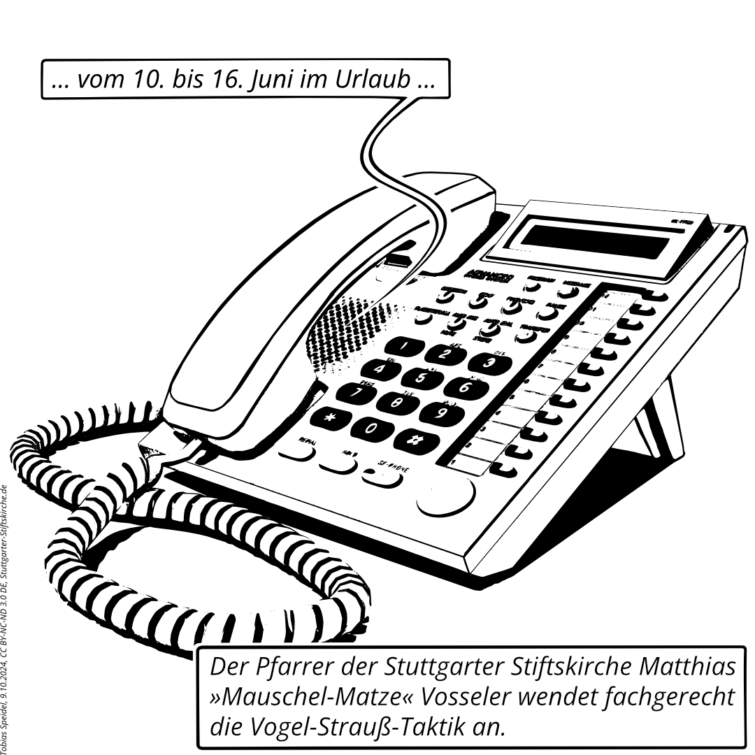 Das Notebook des Pfarrers der Stuttgarter Stiftskirche Matthias »Mauschel-Matze« Vosseler und sein Telefon mit einem Anrufbeantworter und der Bandansage, daß Pfarrer Matthias Vosseler gerade im Urlaub ist.